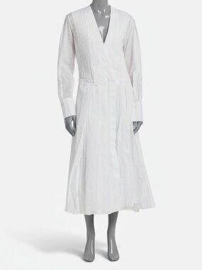 Jil Sander Women White V-Neck Long-Sleeve Pleated Cotton Midi Dress Size 32/US 2